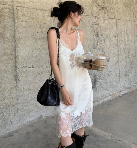 90s Lace Slip Dresses Vintage Silky Deep V-neck Dainty Punk Rock Grunge