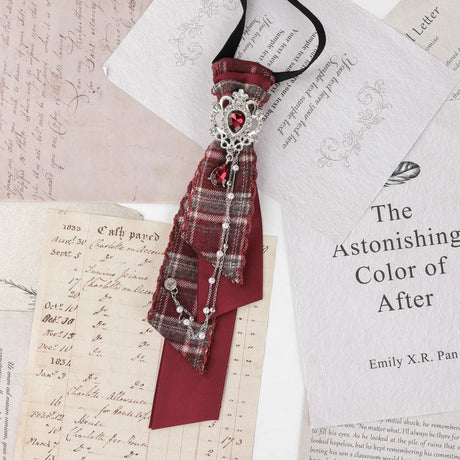 Dark Academia Jabot Plaid Short Necktie Rhinestone Brooch Pearl Chain