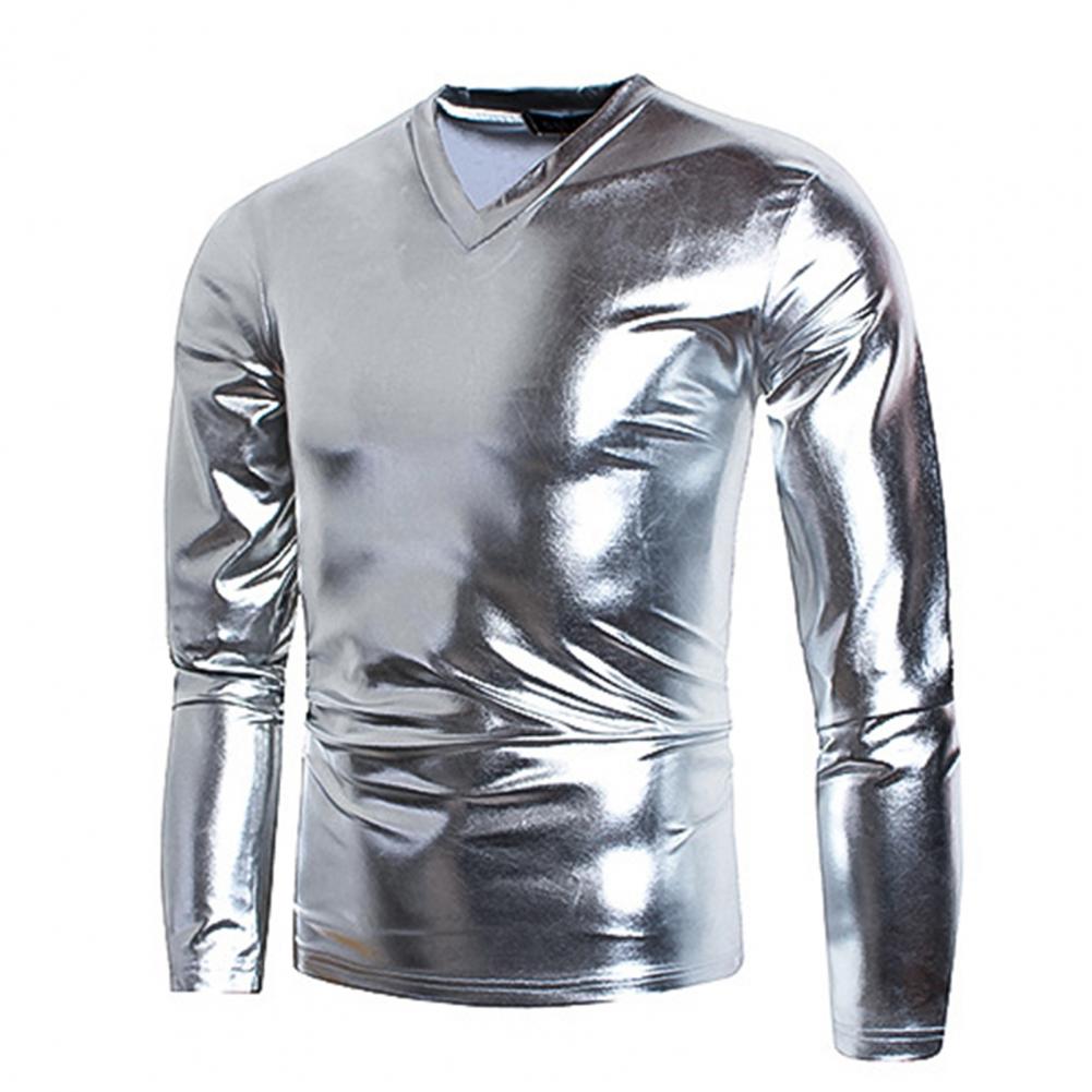 Men T-shirt Glossy Solid Long Sleeve Tops Nightclub Party Performance Wear