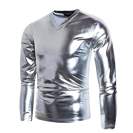 Men T-shirt Glossy Solid Long Sleeve Tops Nightclub Party Performance Wear