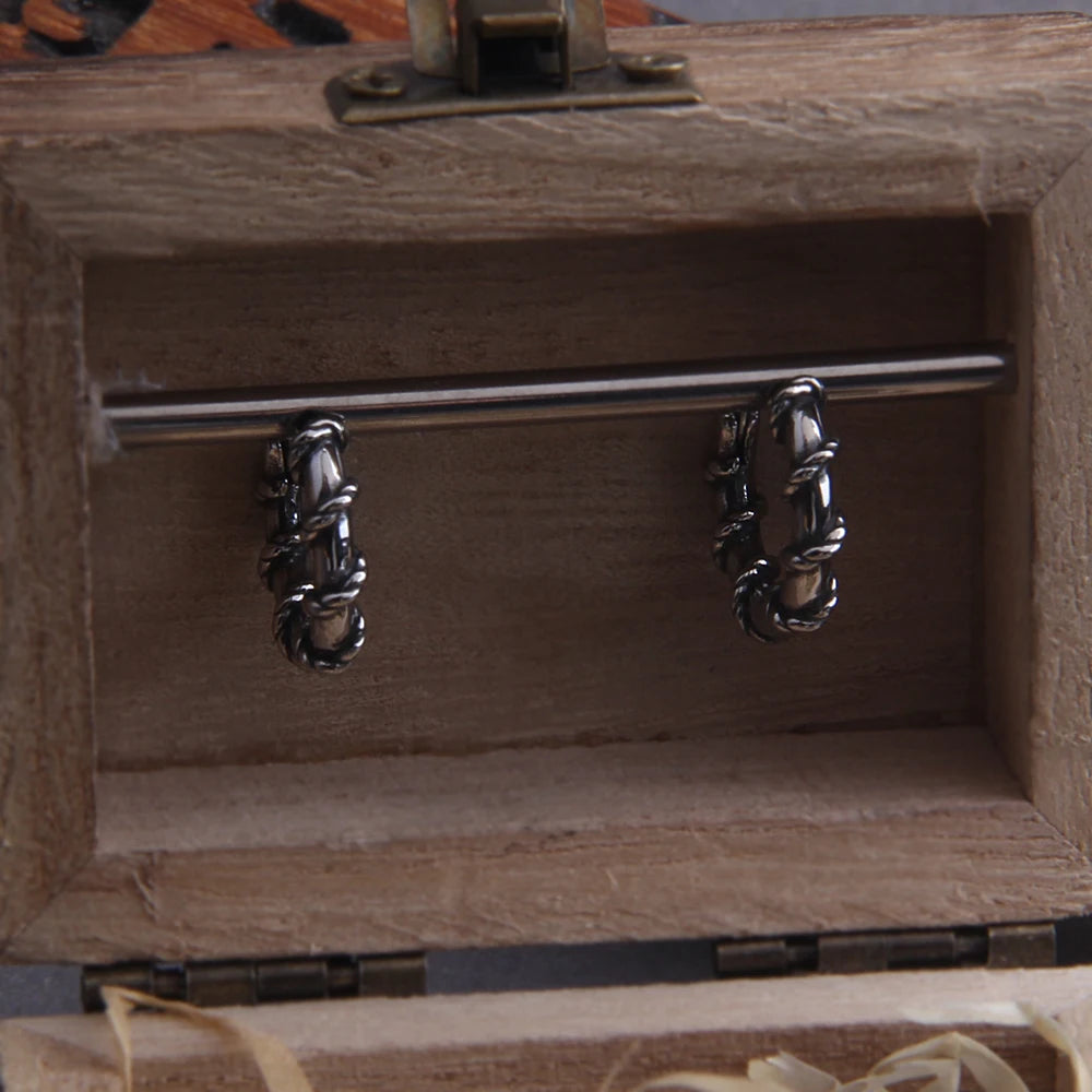 Twisted Rope Stainless Steel Huggie Hoop Earrings for Men with Wooden Box