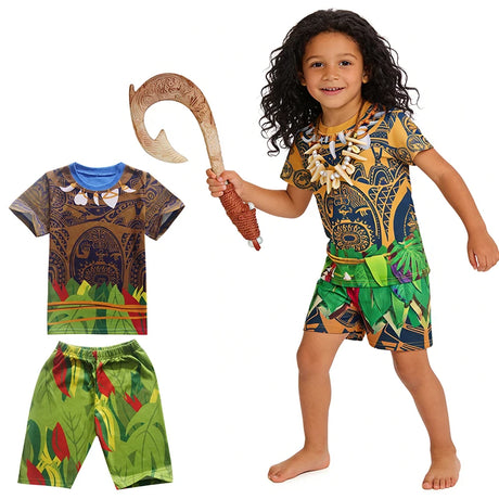Maui Kids Cosplay 2Pcs Print Moana Boys Swimsuits Top and Shorts Children's Swimwear Book Week Costumes