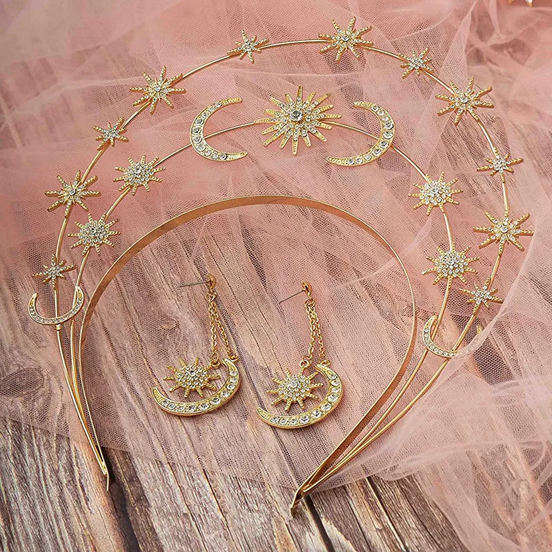 Halo Crown Sun Moon Stars Drop Earrings