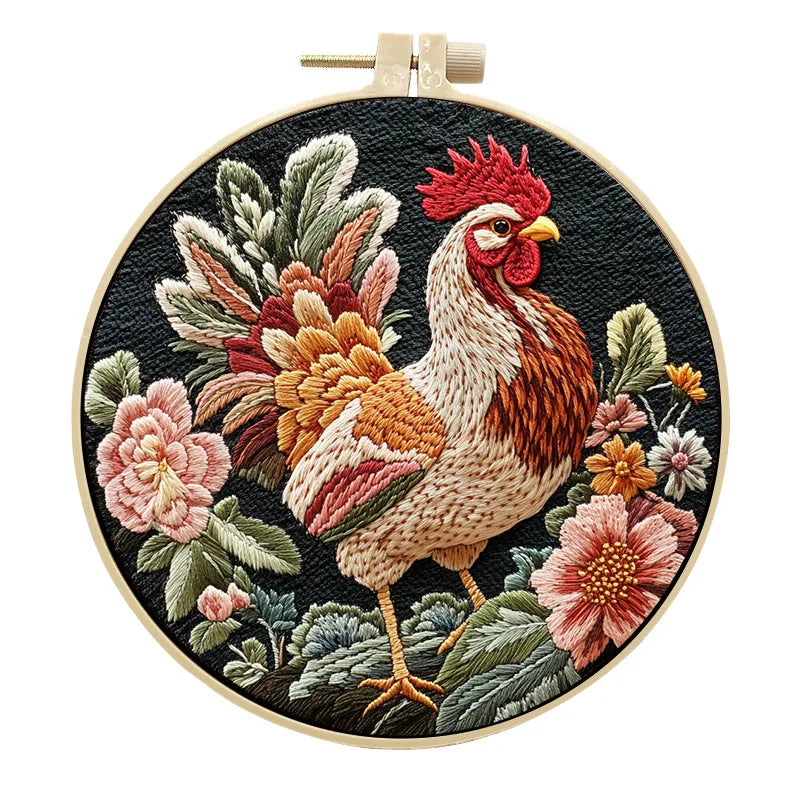 Rooster Embroidery Kit with Flowers for Beginners Needles Embroidery Thread DIY Craft