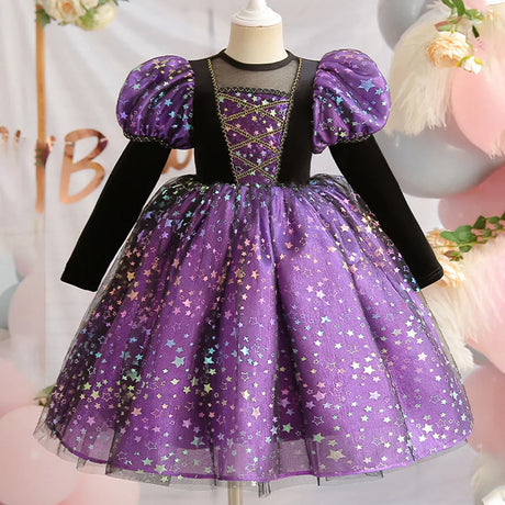 Purple Witch Girls Halloween Costume Star Tulle Party Dresses with Props