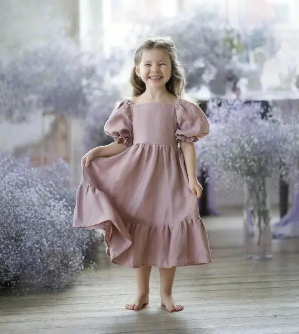 Girls Cotton and Hemp Bubble Sleeve Princess Dress