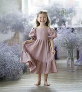 Girls Cotton and Hemp Bubble Sleeve Princess Dress