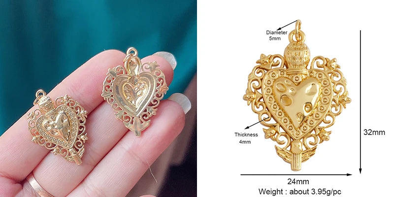 Red and Gold Sacred Heart Charms 18K Gold Plated for Jewellery Making