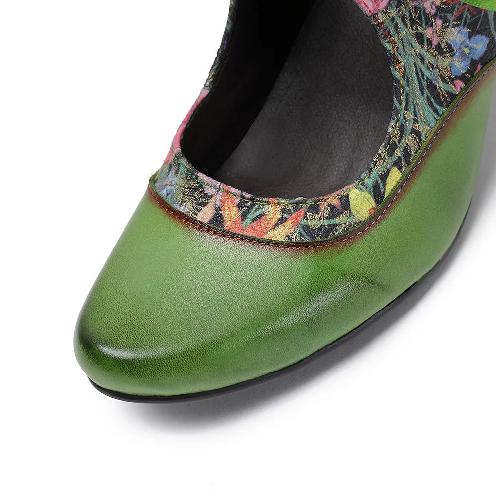 Sarah's Genuine Leather Green Pumps Heels Ribbon Lace Tie Shoes