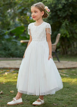 Girl's Beaded Lace Tassel White Tulle Special Occassion Dress