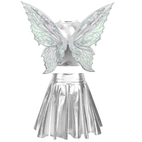 Festival Fairy Cosplay Costume Sleeveless Crop Top, High Waist Flared Skirt And Butterfly Wings Set