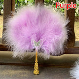 Ostrich Feather Fan Round Fan with Golden Hollow Handle Court Dance Hand Fans