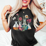 Floral Beakers Chemistry Lab Scientist T-Shirt Biology Teacher Cotton Tee