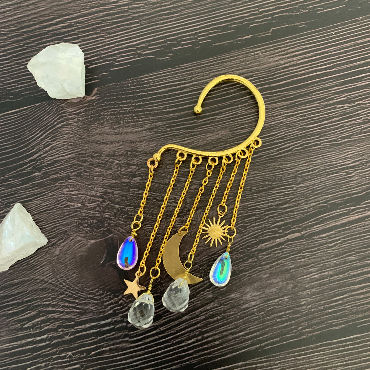 Natural Quartz Crystal Charm Ear Cuffs Sun Moon Single Ear Clip