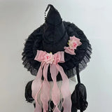 Gothic Witch's Hat Black Ruffled Lace Rose Bow Ribbon Halloween Party Cosplay Costume Props Decor
