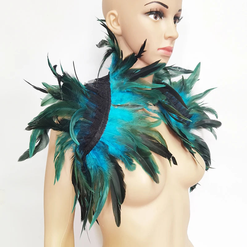 Black Rooster Feather Shrug Gothic Collar with Ribbon Ties