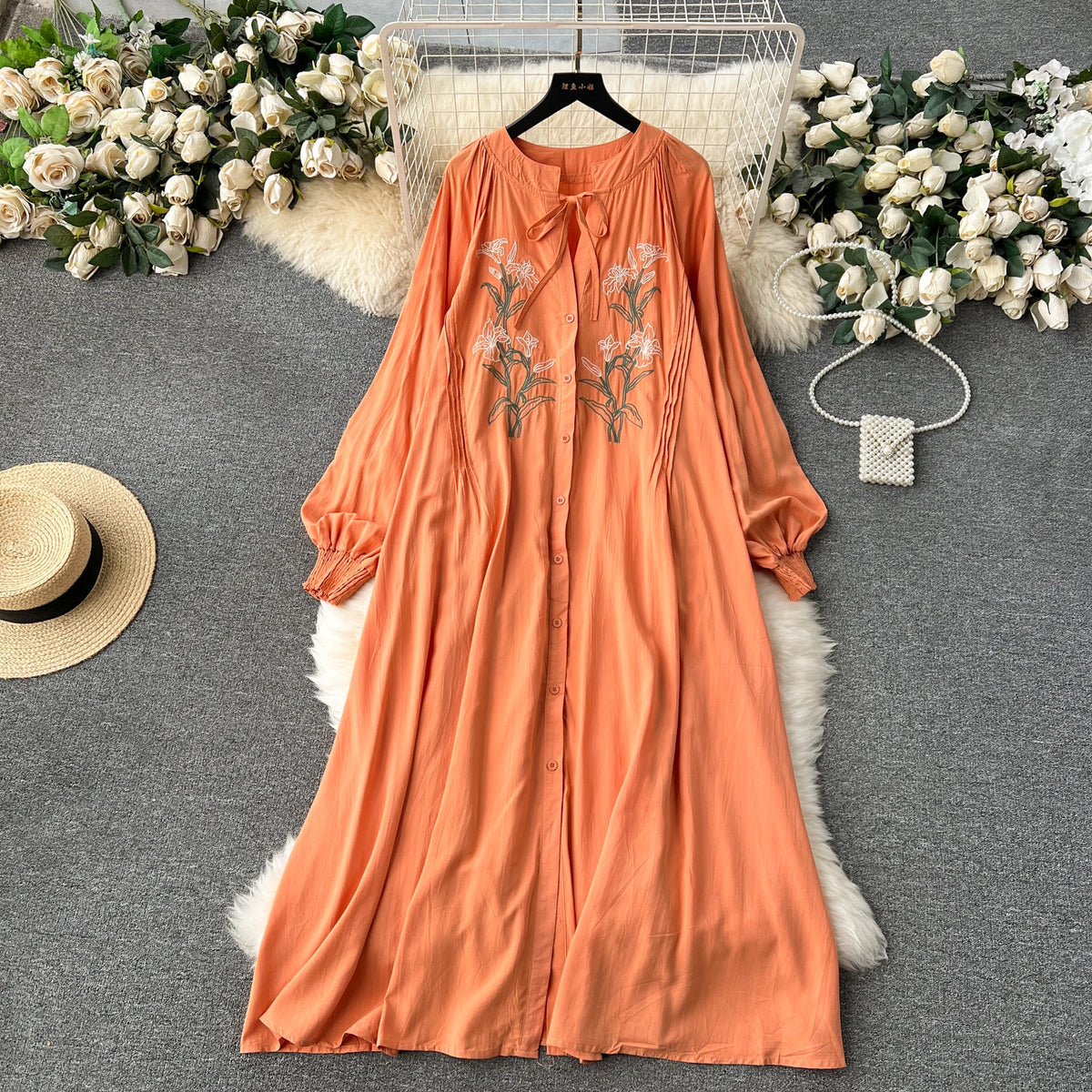 Olive's Embroidered Long Sleeve Shirt Dress