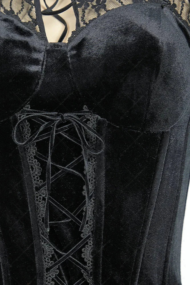 Gothic Black Devil Costume Set Lace Top Adjustable Corset with Irregular Skirt and Bat Wings for Halloween