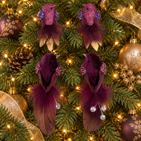 Purple Feather Birds 4PCS Christmas Clip On Tree Ornaments