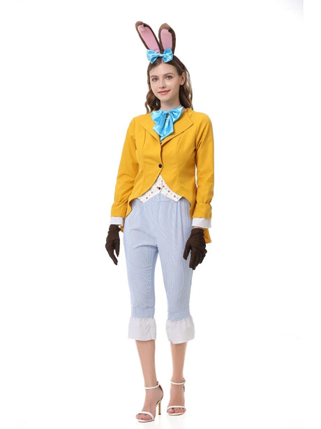 Women's Gentleman Rabbit Cosplay Costume Halloween Carnival Party Stage Performance Set With Bunny Ear Headwear Bow Tie Gloves