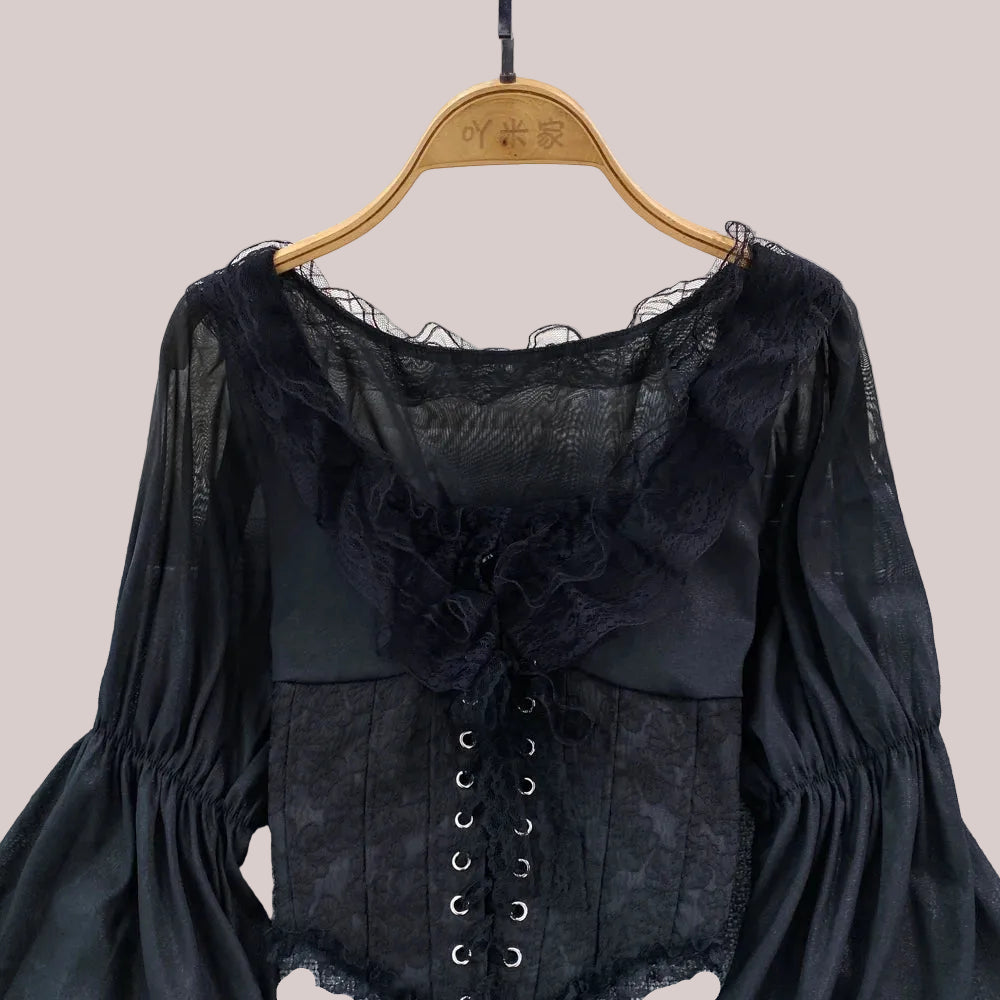 French Court Blouse Chiffon Lace Lace-up Top