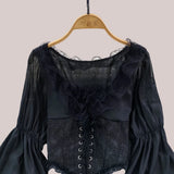 French Court Blouse Chiffon Lace Lace-up Top