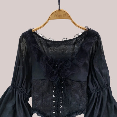 French Court Blouse Chiffon Lace Lace-up Top
