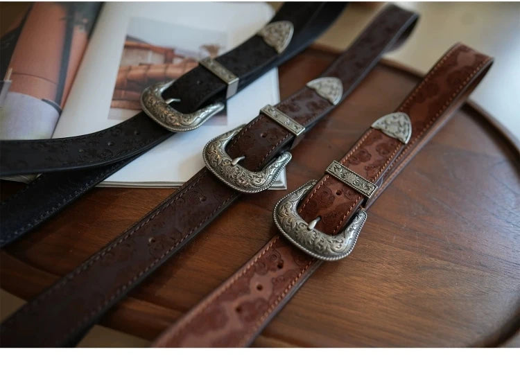 Bobby Ray's Genuine Leather Western Cowboy Court Style Embossed Steel Buckle Belt