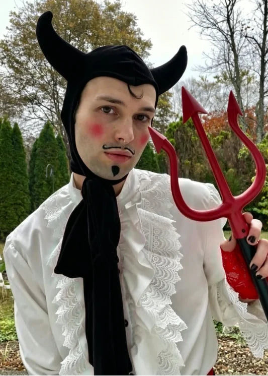 Vintage Little Devil Red/Black Velvet Hood Hat Women Men Headdress Horned Devil Bonnet Headpiece Halloween Props