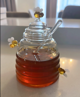 Glass Honey Bottle Honeycomb Bee Container with Dipper and Lid