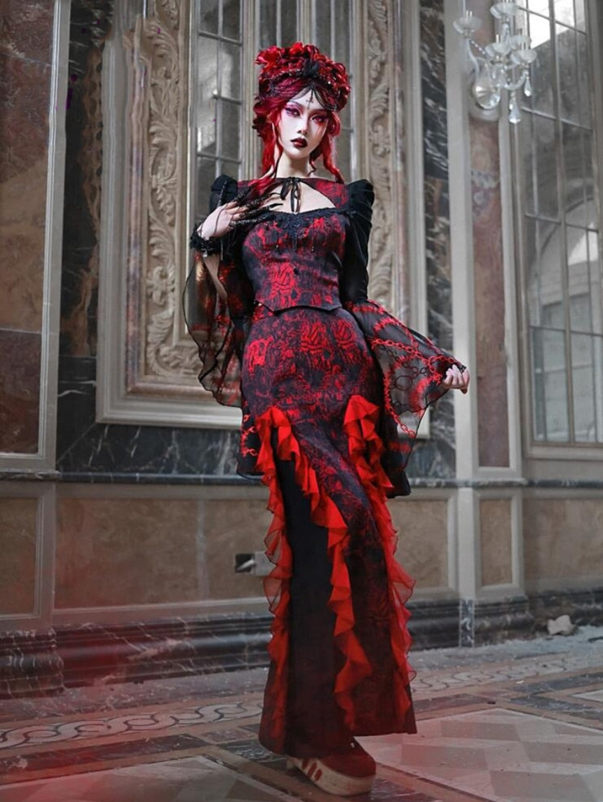 Red Gothic Embossed Jacquard Lace Top & Skirt