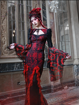 Red Gothic Embossed Jacquard Lace Top & Skirt