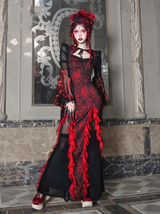 Red Gothic Embossed Jacquard Lace Top & Skirt