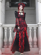 Red Gothic Embossed Jacquard Lace Top & Skirt