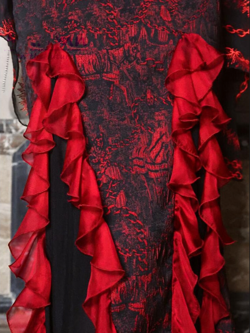 Red Gothic Embossed Jacquard Lace Top & Skirt