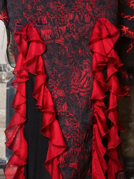 Red Gothic Embossed Jacquard Lace Top & Skirt