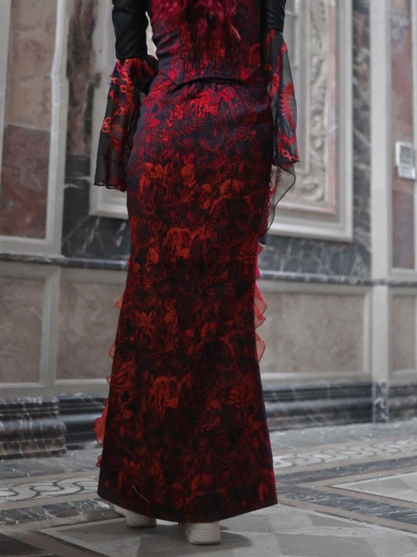 Red Gothic Embossed Jacquard Lace Top & Skirt
