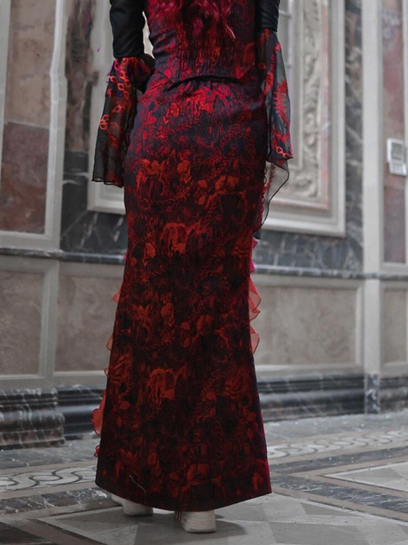 Red Gothic Embossed Jacquard Lace Top & Skirt