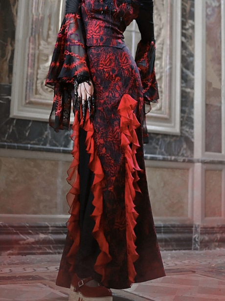 Red Gothic Embossed Jacquard Lace Top & Skirt