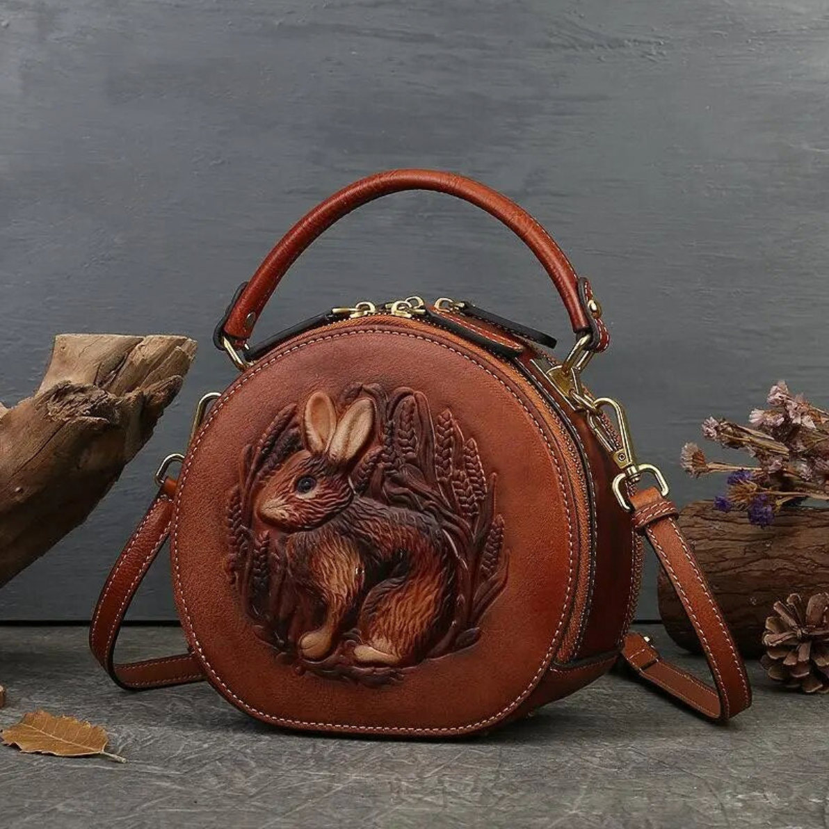 Embossed Rabbit Handbag Genuine Leather