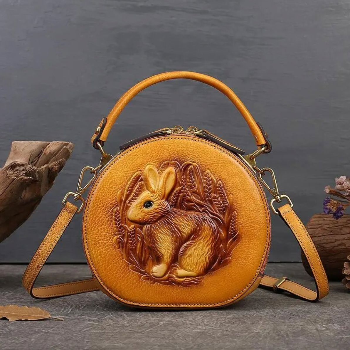Embossed Rabbit Handbag Genuine Leather