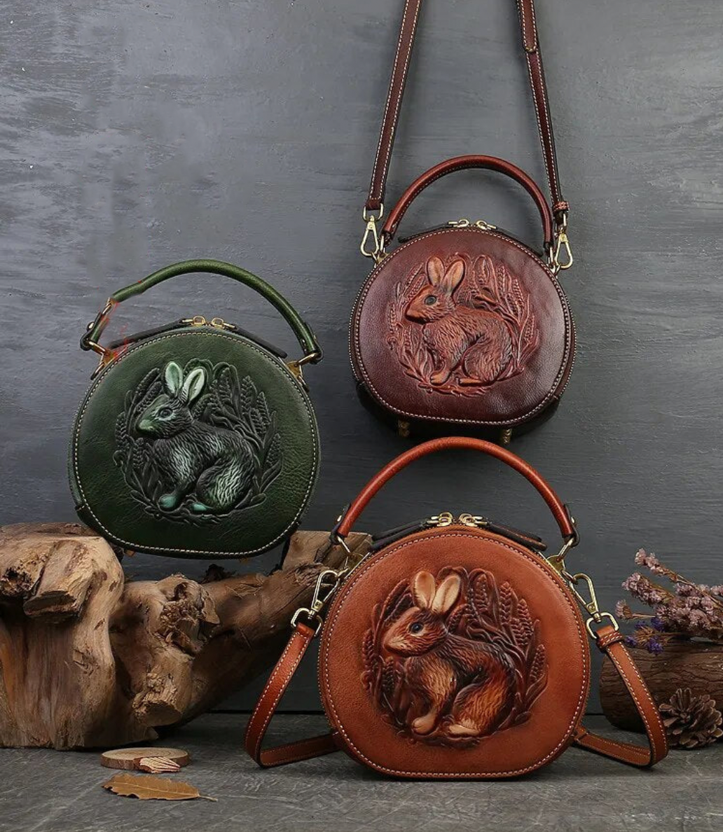 Embossed Rabbit Handbag Genuine Leather
