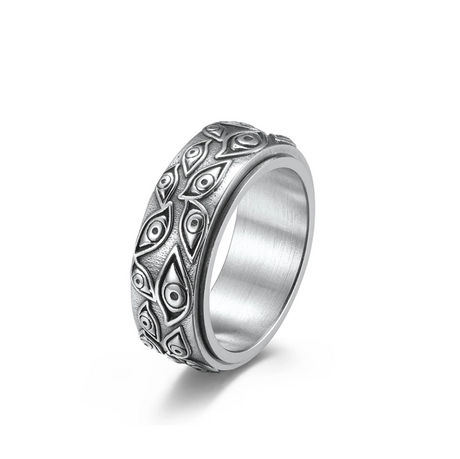 Japanese Mythology Carved Eyes Stainless Steel Rotatable Ring Anxiety Fidget Turning Ring