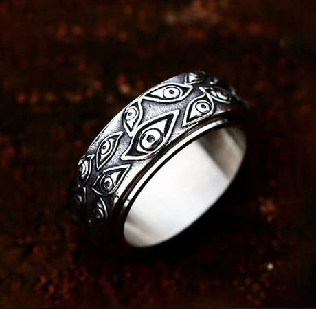 Japanese Mythology Carved Eyes Stainless Steel Rotatable Ring Anxiety Fidget Turning Ring