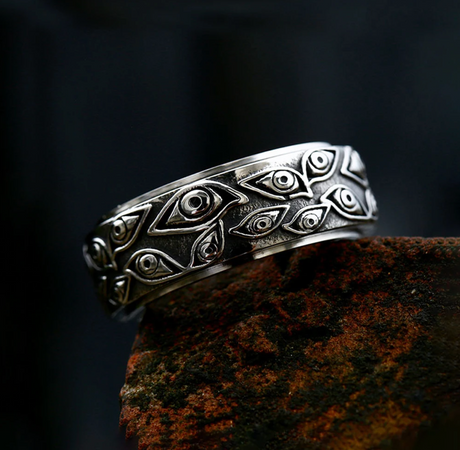 Japanese Mythology Carved Eyes Stainless Steel Rotatable Ring Anxiety Fidget Turning Ring