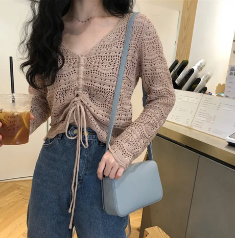 Loose Knit Drawstring Crop Jumper