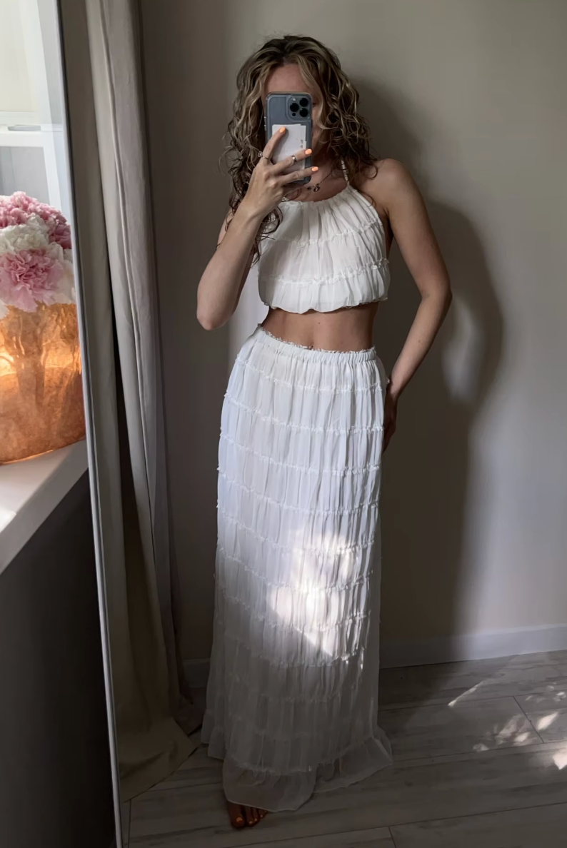 Summer's Ruched Halter Cami Tops + Maxi Skirt 2 Piece Set