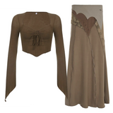 Y2k Chocolate Brown Flare Sleeve Top Matching Grunge Skirt