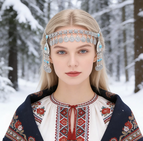 Kazakh Forehead Chain Silver Tassel Headband