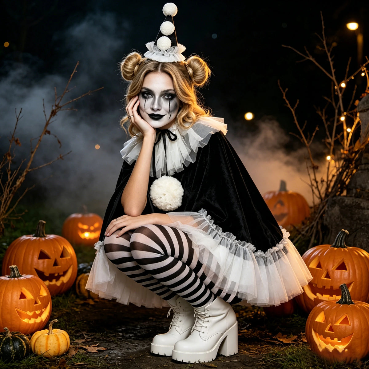 Women Pierrot Clown Costume 3Pcs Halloween Clown Cosplay Set